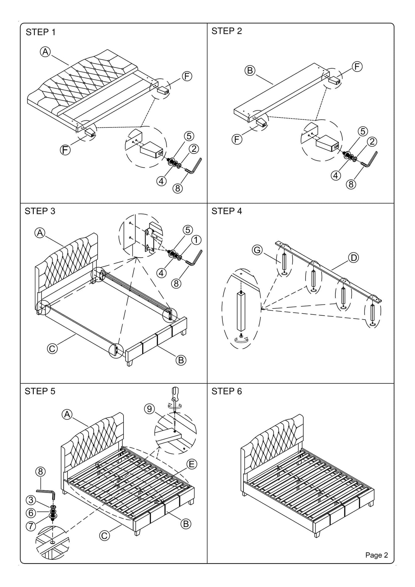 Step-by-step assembly diagram of a metal bed frame