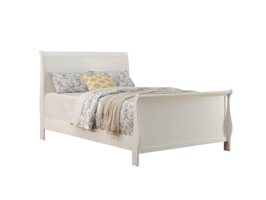 White sleigh bed with bedding and pillows on a white background