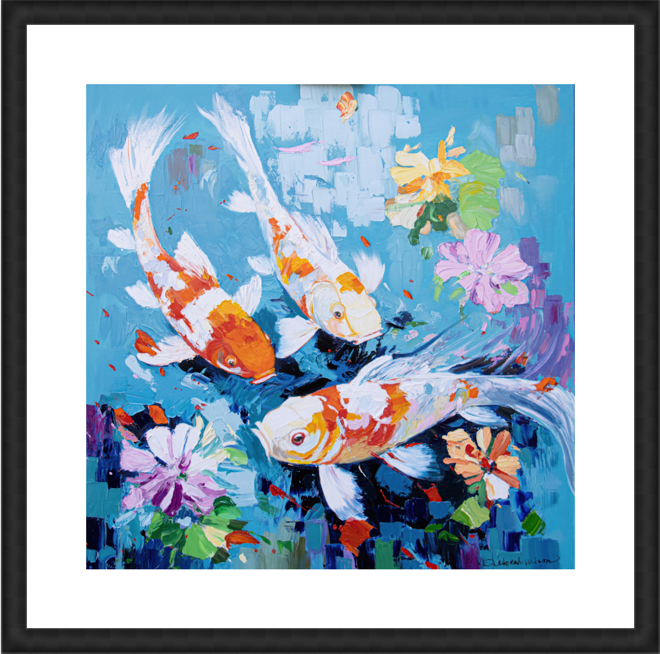 A Pond In Bloom Framed 16"x16" Wood Black 2" Mat