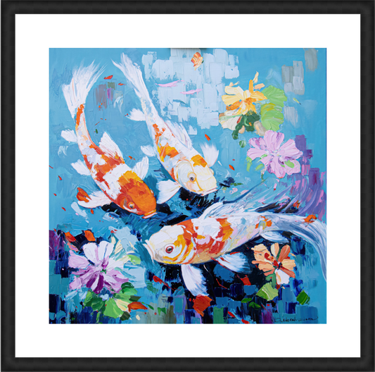 A Pond In Bloom Framed 16"x16" Wood Black 2" Mat
