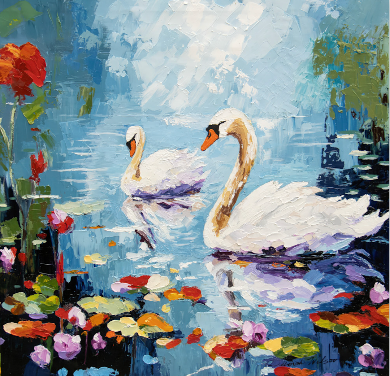 Painting of two swans on a pond with flowers and foliage.