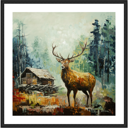 Among the Timbers, By Artist Deborah Wilson Stag Hunter Green and Indigo Framed Wood Black w/2" Mat 16" x 16"
