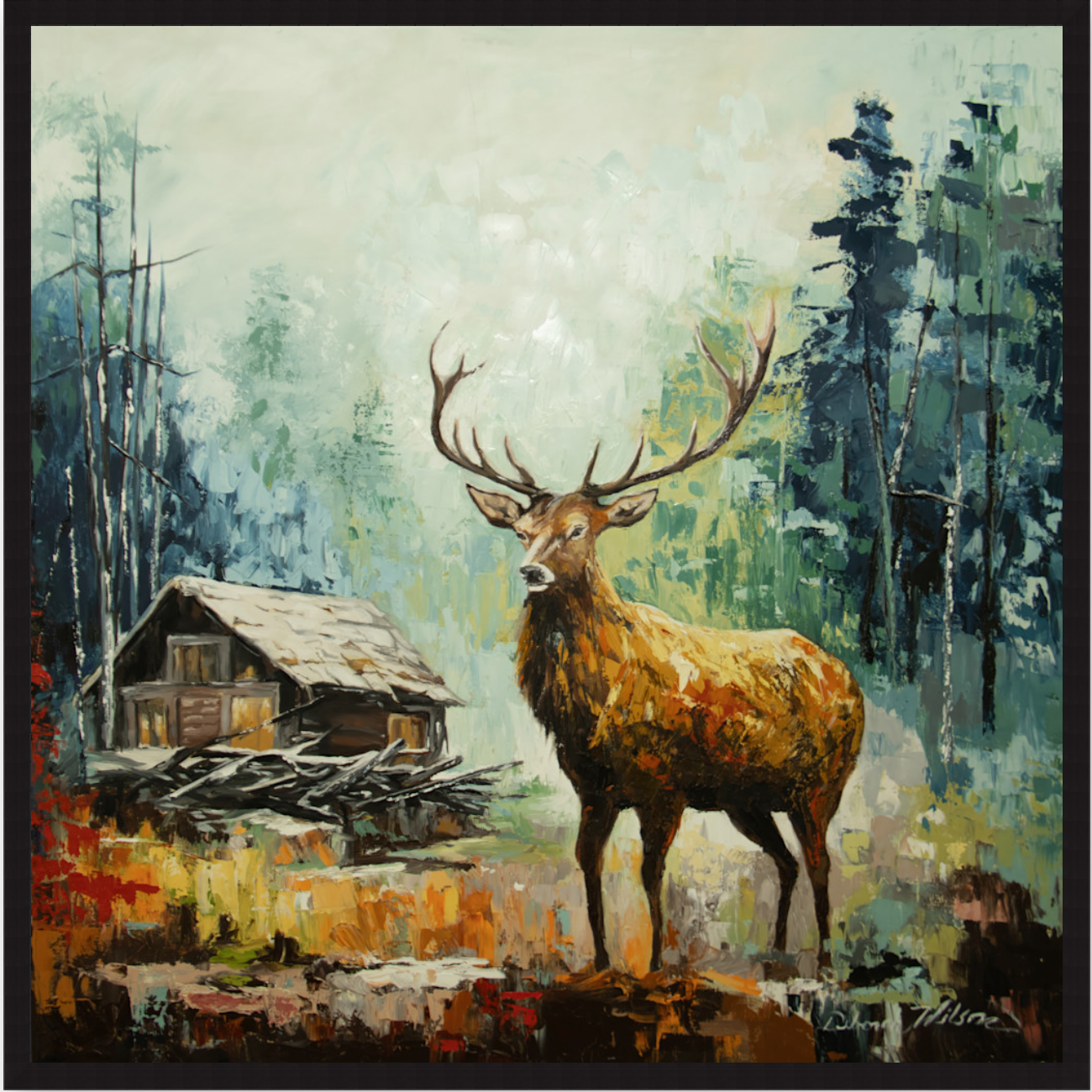 Among the Timbers, By Artist Deborah Wilson Stag Hunter Green and Indigo Wood, Black 40"x 40"
