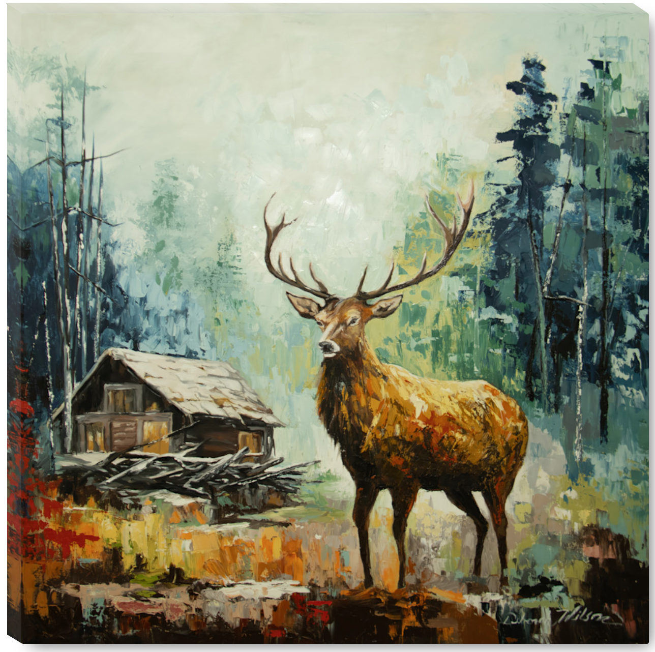 Among the Timbers, By Artist Deborah Wilson Stag Hunter Green and Indigo Canvas 30" x 30"
