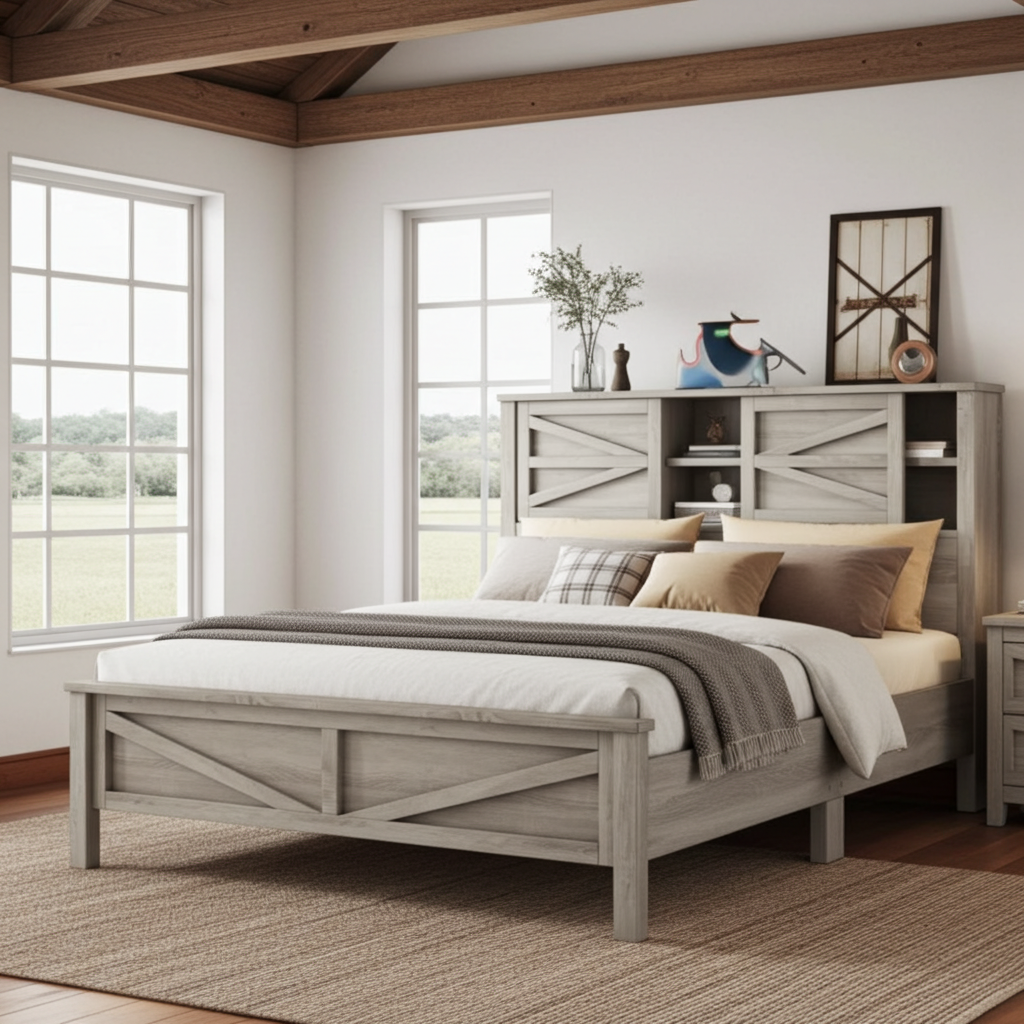Bedroom with wooden bed frame, bookshelf, and decor