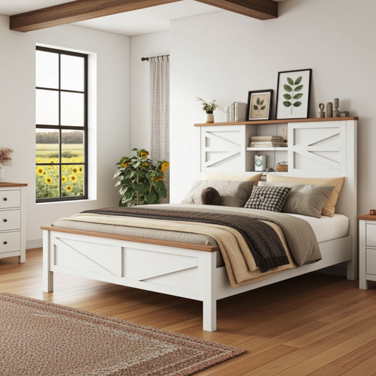 Grayson Full Size Rustic Wood Bed with Charging Station Antique White