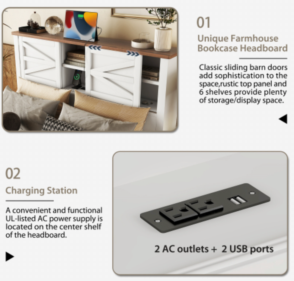 Grayson Full Size Rustic Wood Bed with Charging Station Feature 1