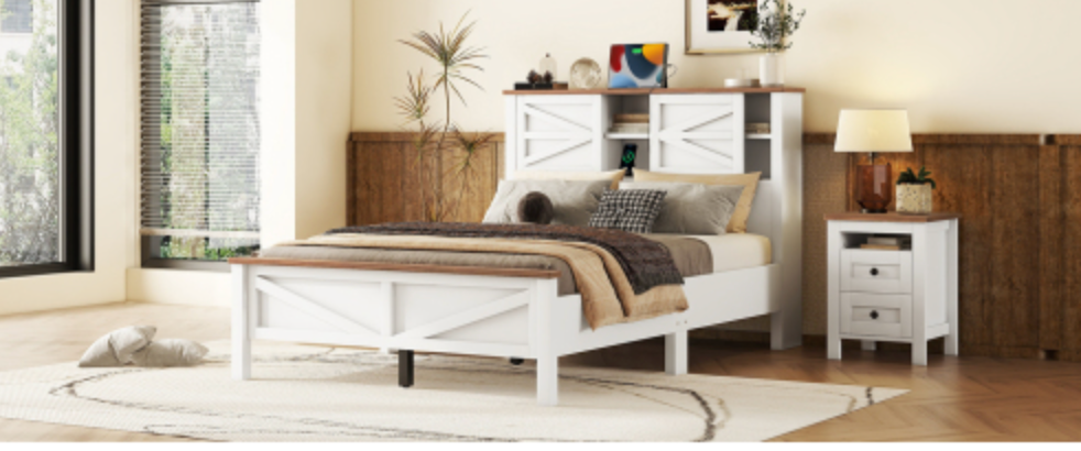 Grayson Full Size Rustic Wood Bed with Charging Station Horizontal