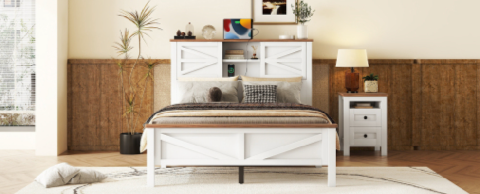 Grayson Full Size Rustic Wood Bed with Charging Station Horizontal 2