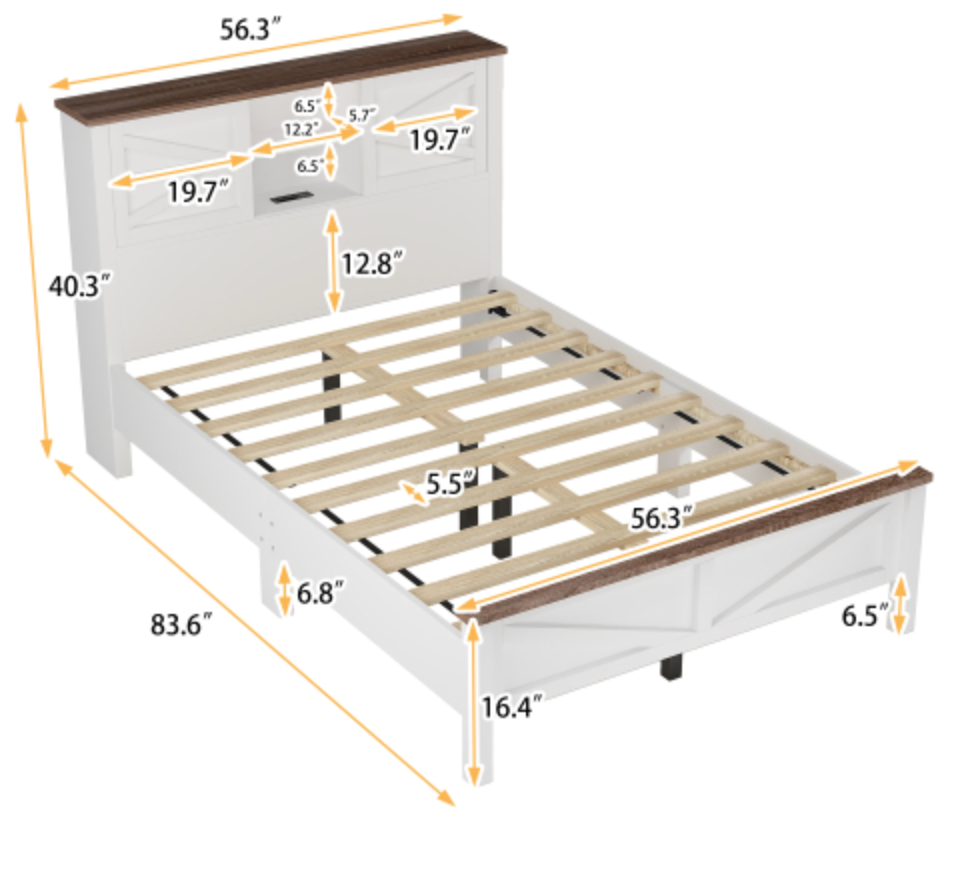 Grayson Full Size Rustic Wood Bed with Charging Station Measurements