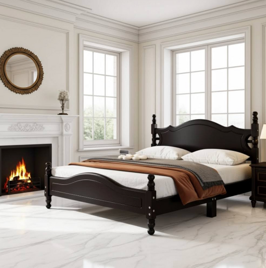 Decorative bedroom with a black bed, fireplace, and large windows.