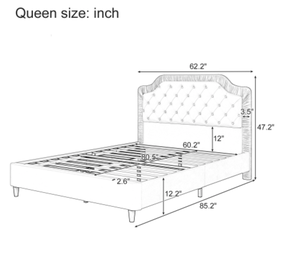 Diagram of a queen size bed with dimensions labeled