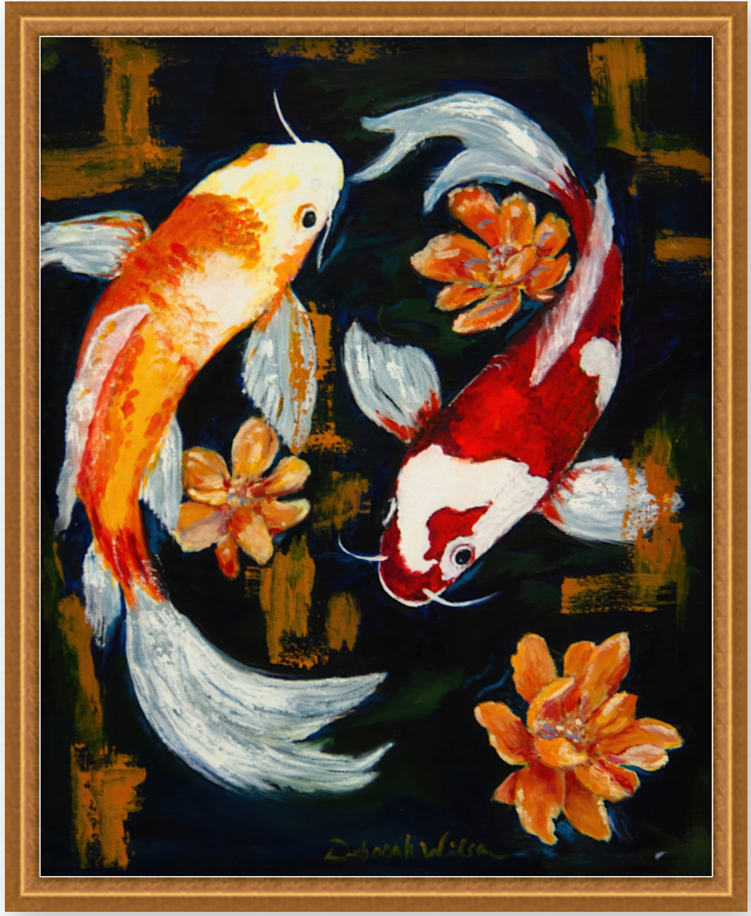 Reflecting Koi Pond, Expressionism Painting Canvas Framed in Gold Wood (No Mat) 36" x45"
