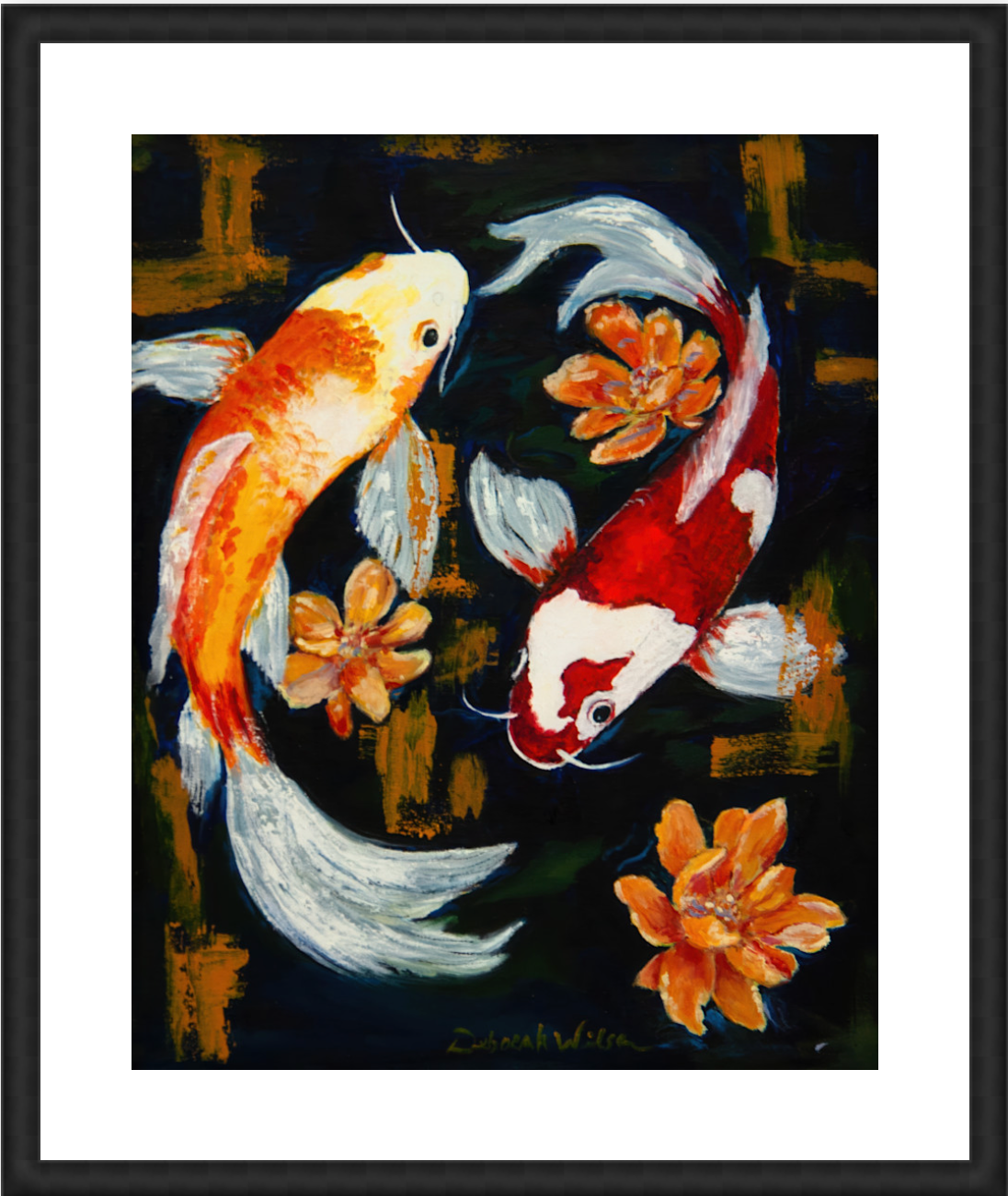 Reflecting Koi Pond, Koi Expressionistic Art Framed in Black Wood with 2" Mat 36" x45"