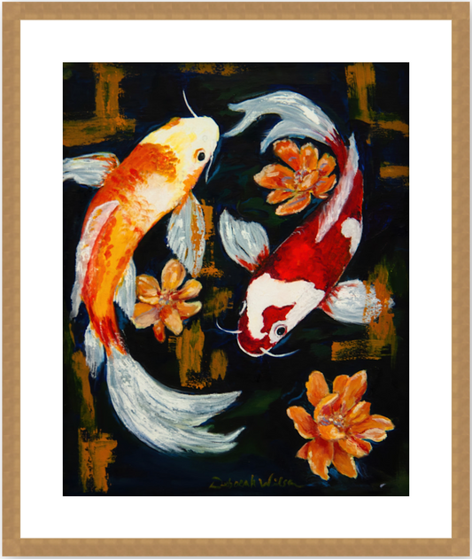 Reflecting Koi Pond, Koi Expressionistic Art Framed in Gold Wood with 2" Mat 36" x45"
