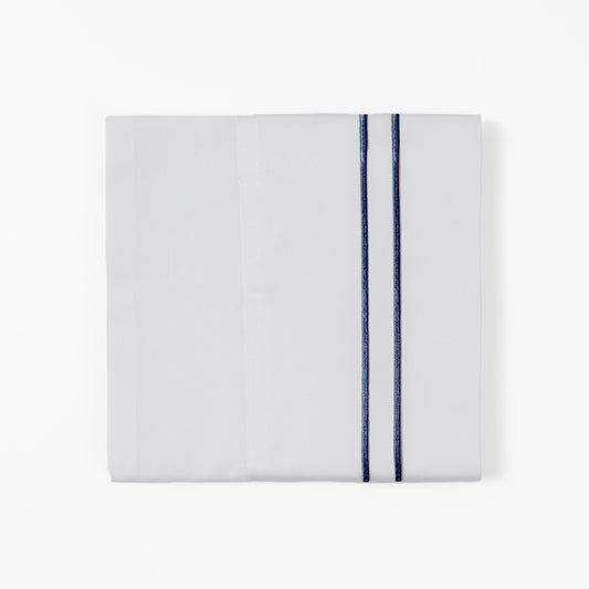 Folded white towel with a blue stripe on a white background