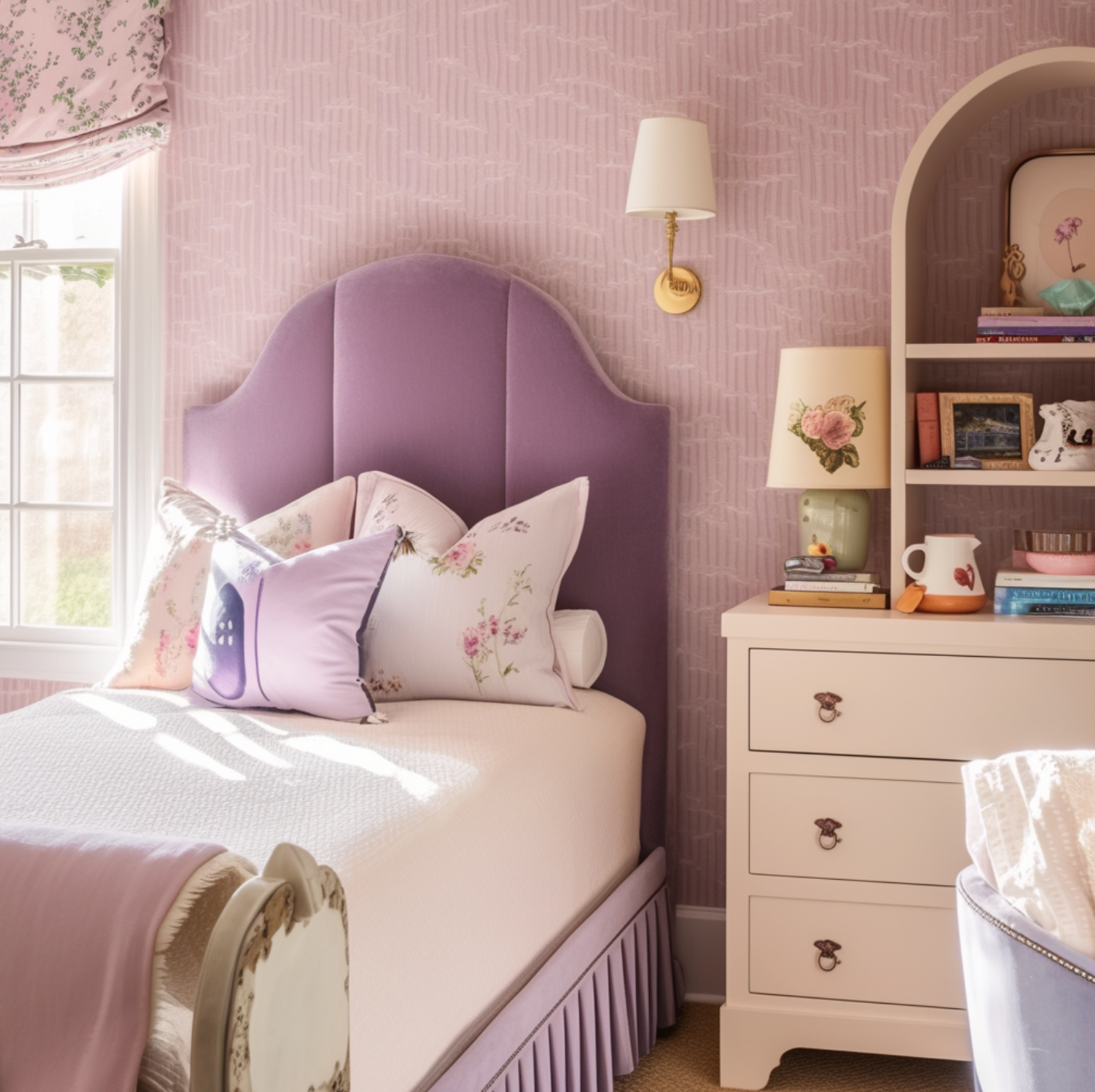 Full Bed Set with Chic Headboard With a Painted Dresser and Shelf