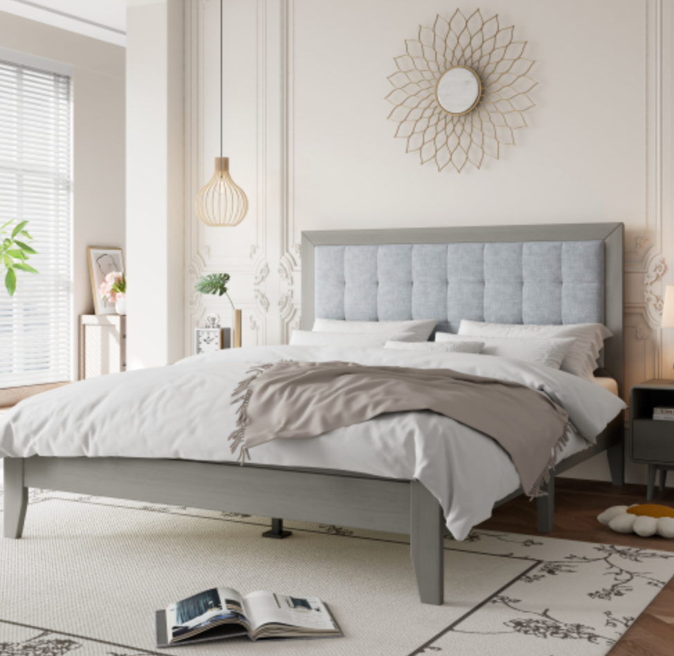 Hampton Gray Solid Wood  Upholstered Headboard Queen Bed