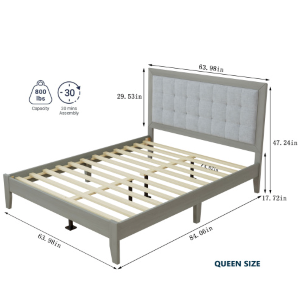 Hampton Gray Solid Wood  Upholstered Headboard Queen Bed