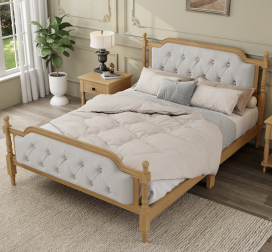 Queen Bed Versailles Haven Upholstered Walnut Wood Queen Bed
