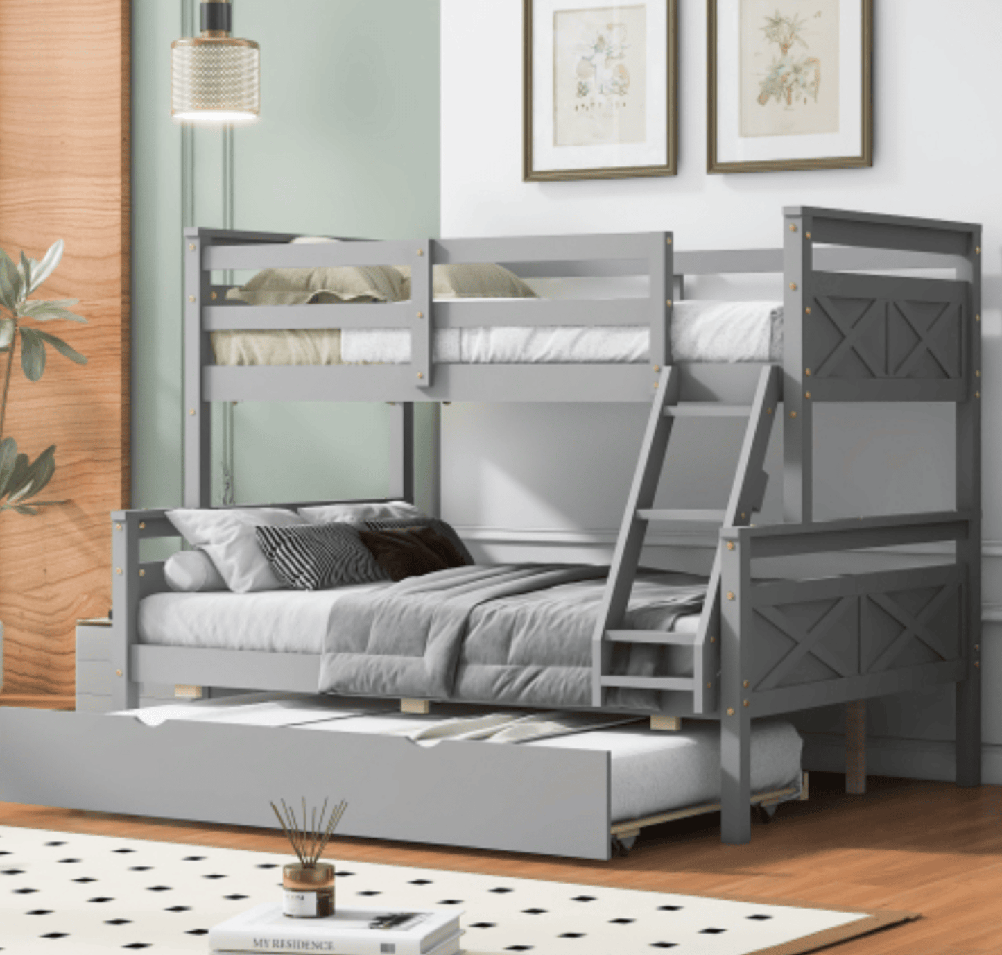 The "Space Saver" Twin Over Full Bunk Bed with Trundle - Gray