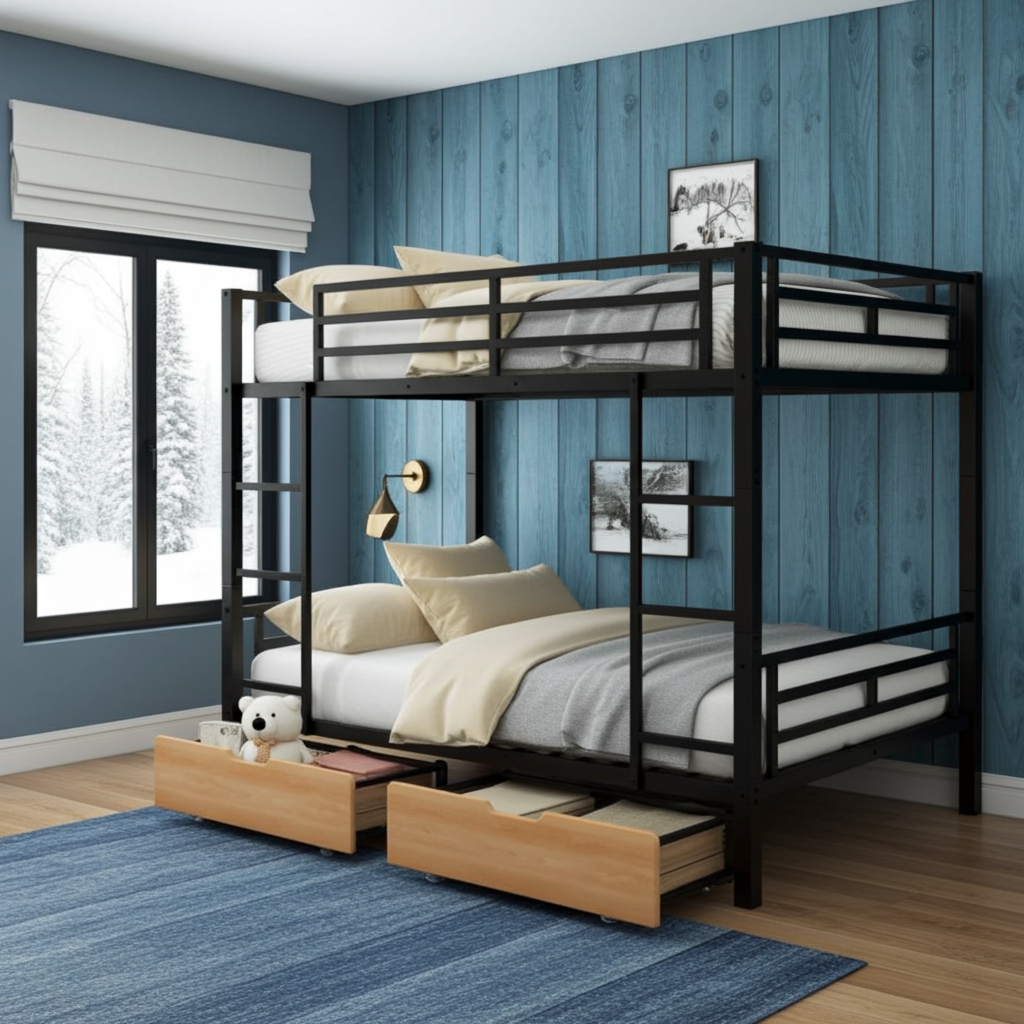 The Remmy Modern Full size Convertible Bunk Bed with 2 Drawers Black