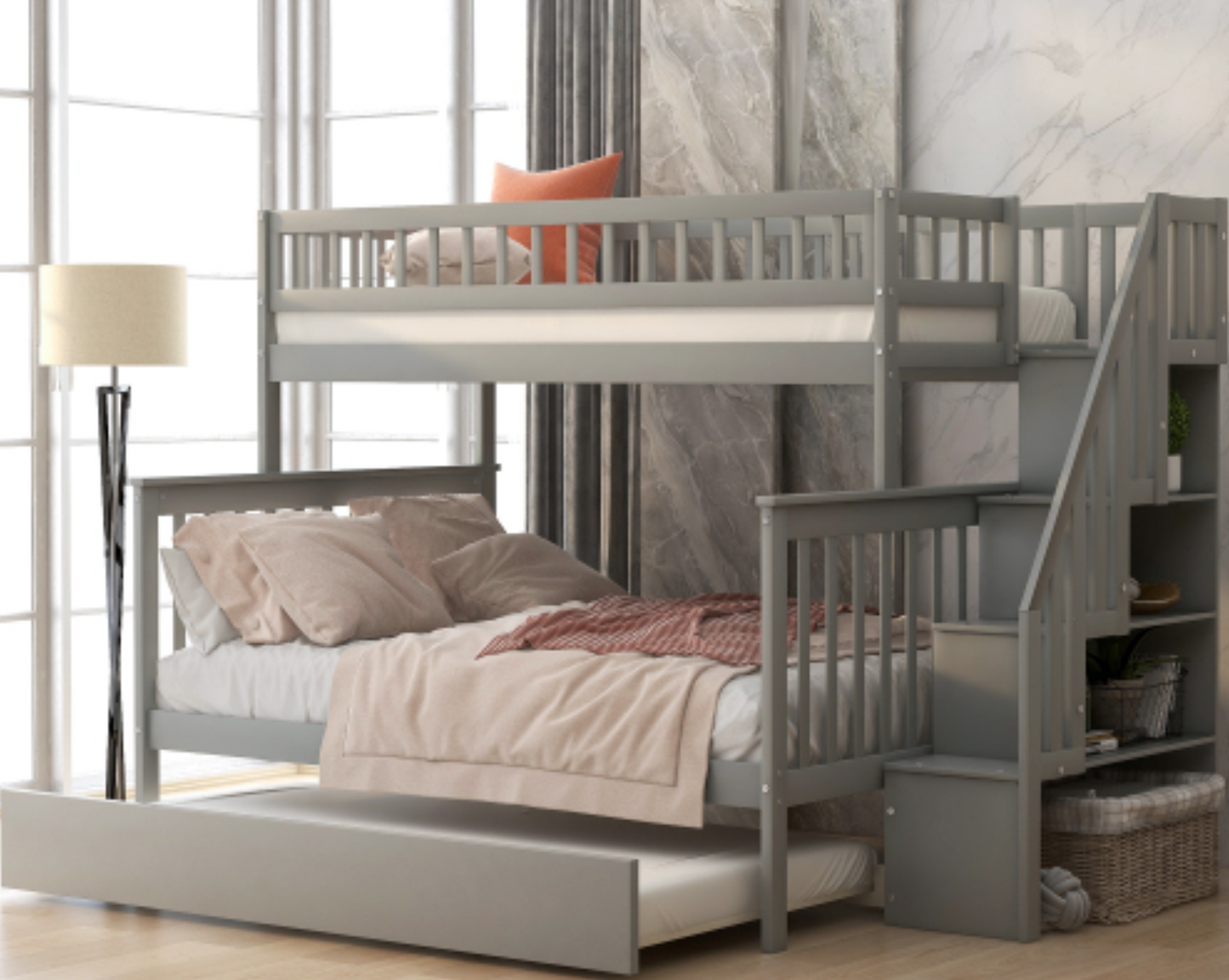 The "Dream Weaver" Twin Over Full Bunk Bed with Trundle Gray Room View