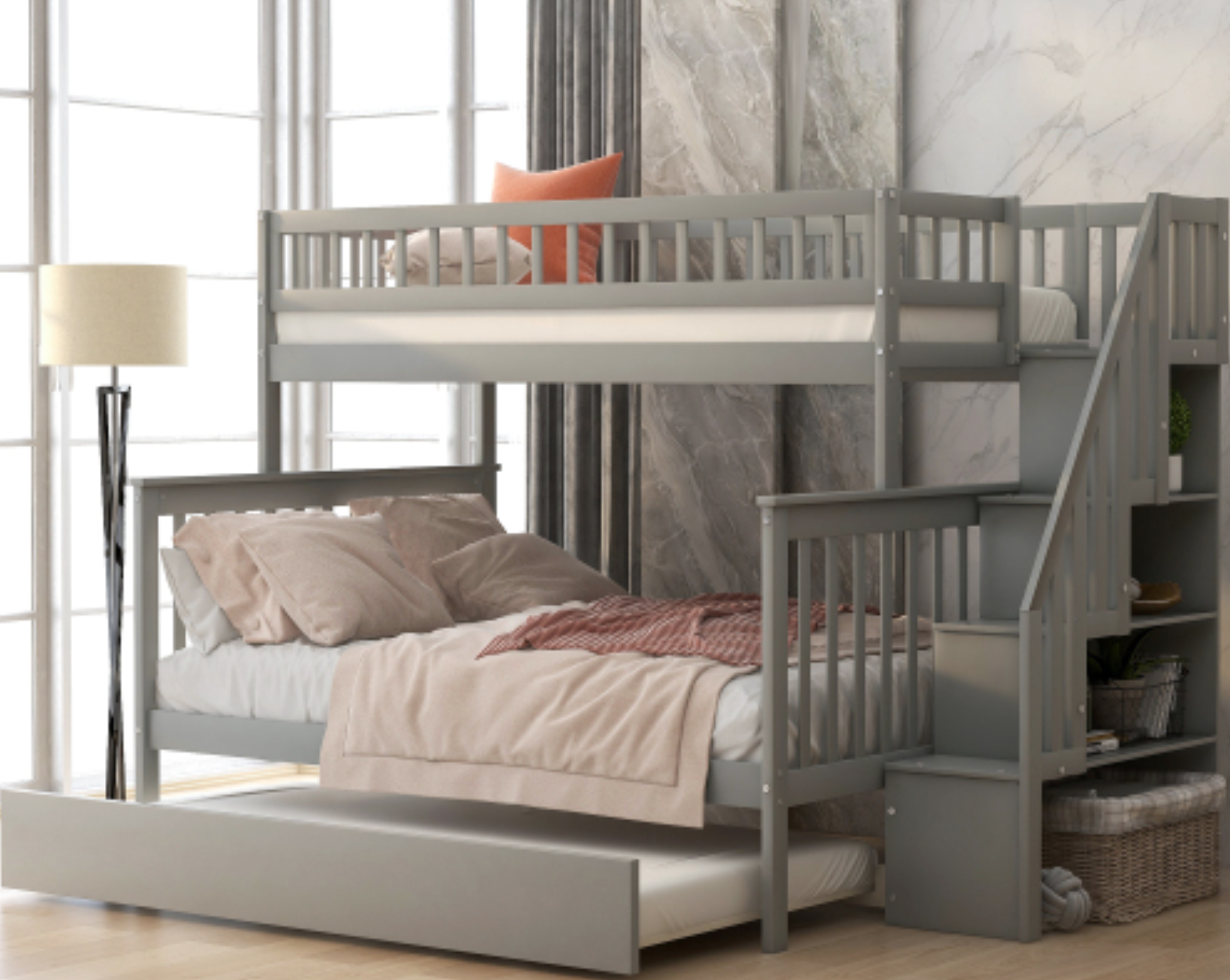 The "Dream Weaver" Twin Over Full Bunk Bed with Trundle Gray Room View