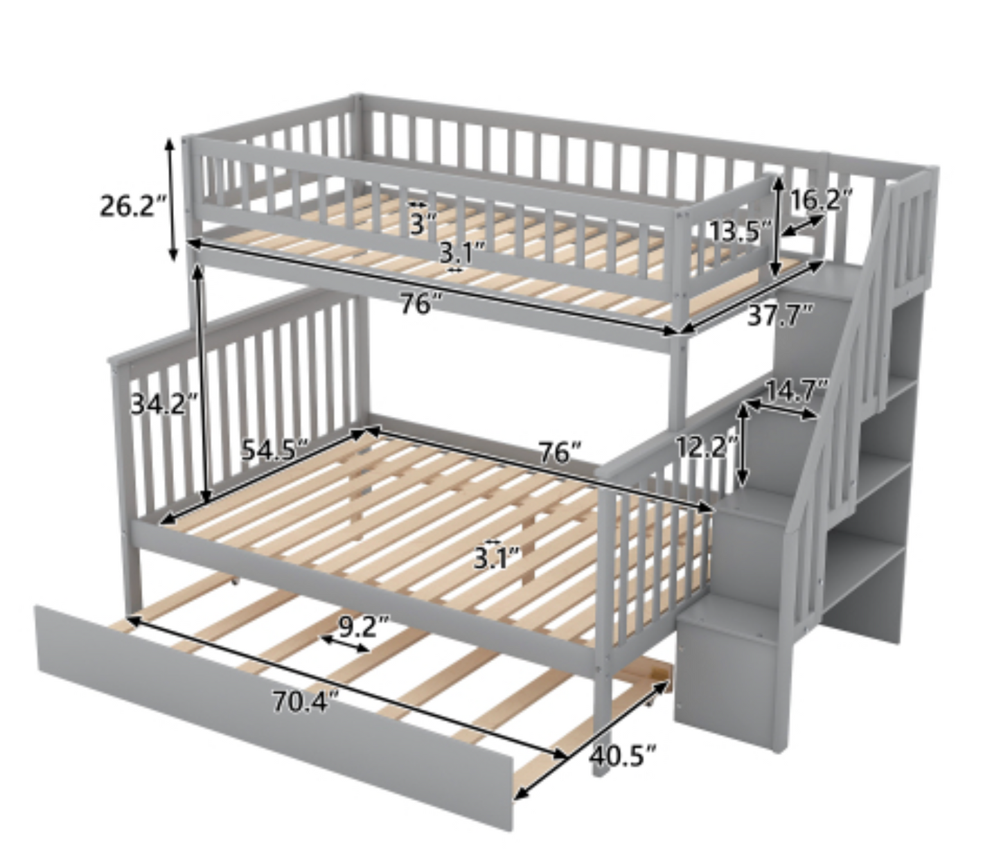 The "Dream Weaver" Twin Over Full Bunk Bed with Trundle Measurement View
