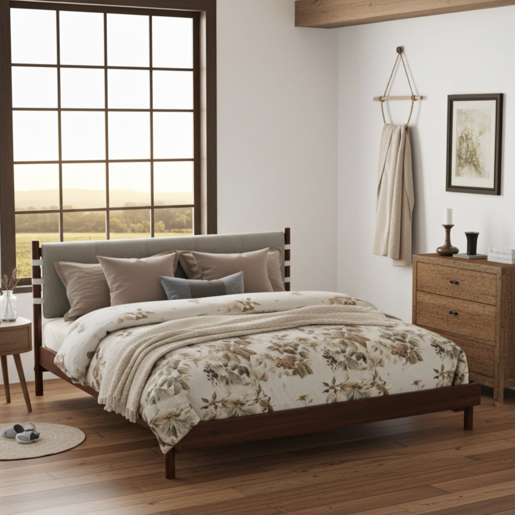 The Jenifer Premium Rubber Wood Walnut Platform Queen Bed Gray