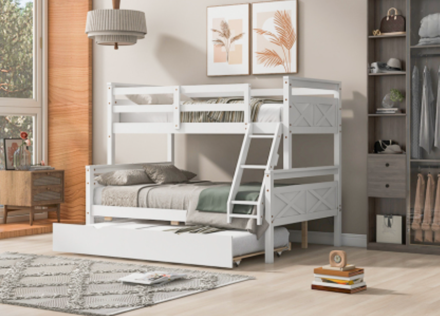 The "Space Saver" Twin Over Full Bunk Bed with Trundle White Full Side View
