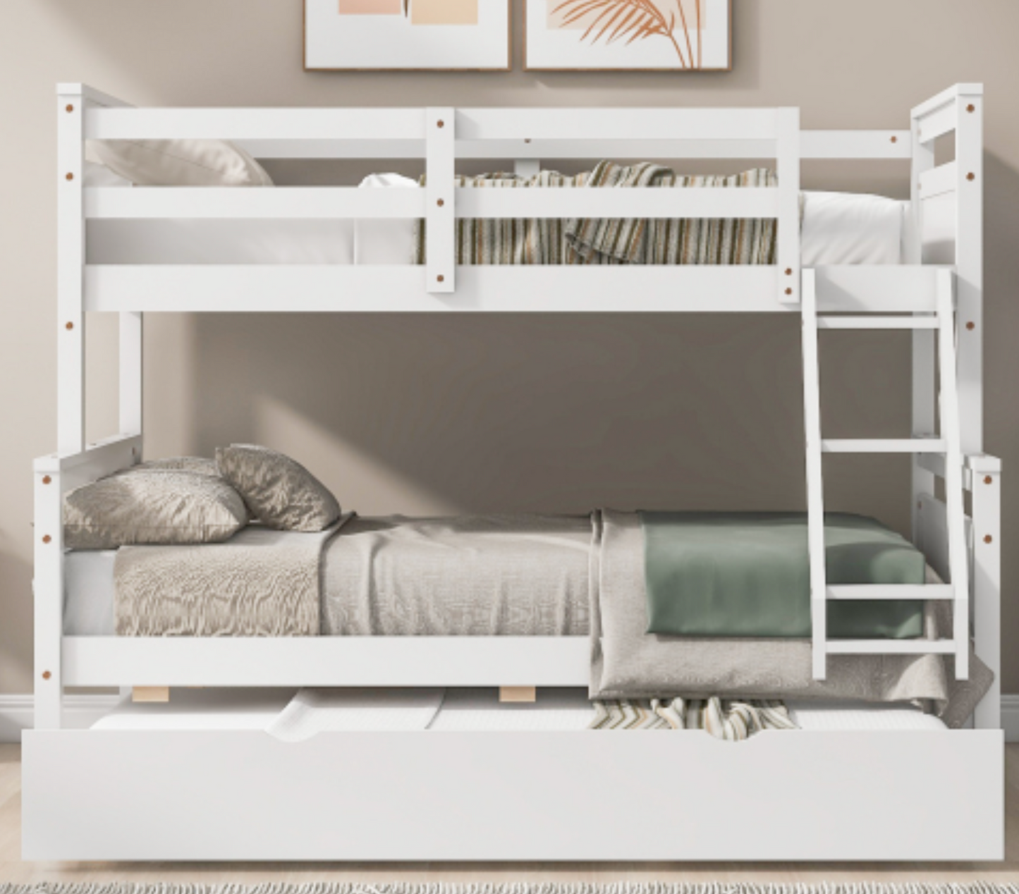 The "Space Saver" Twin Over Full Bunk Bed with Trundle White Full View