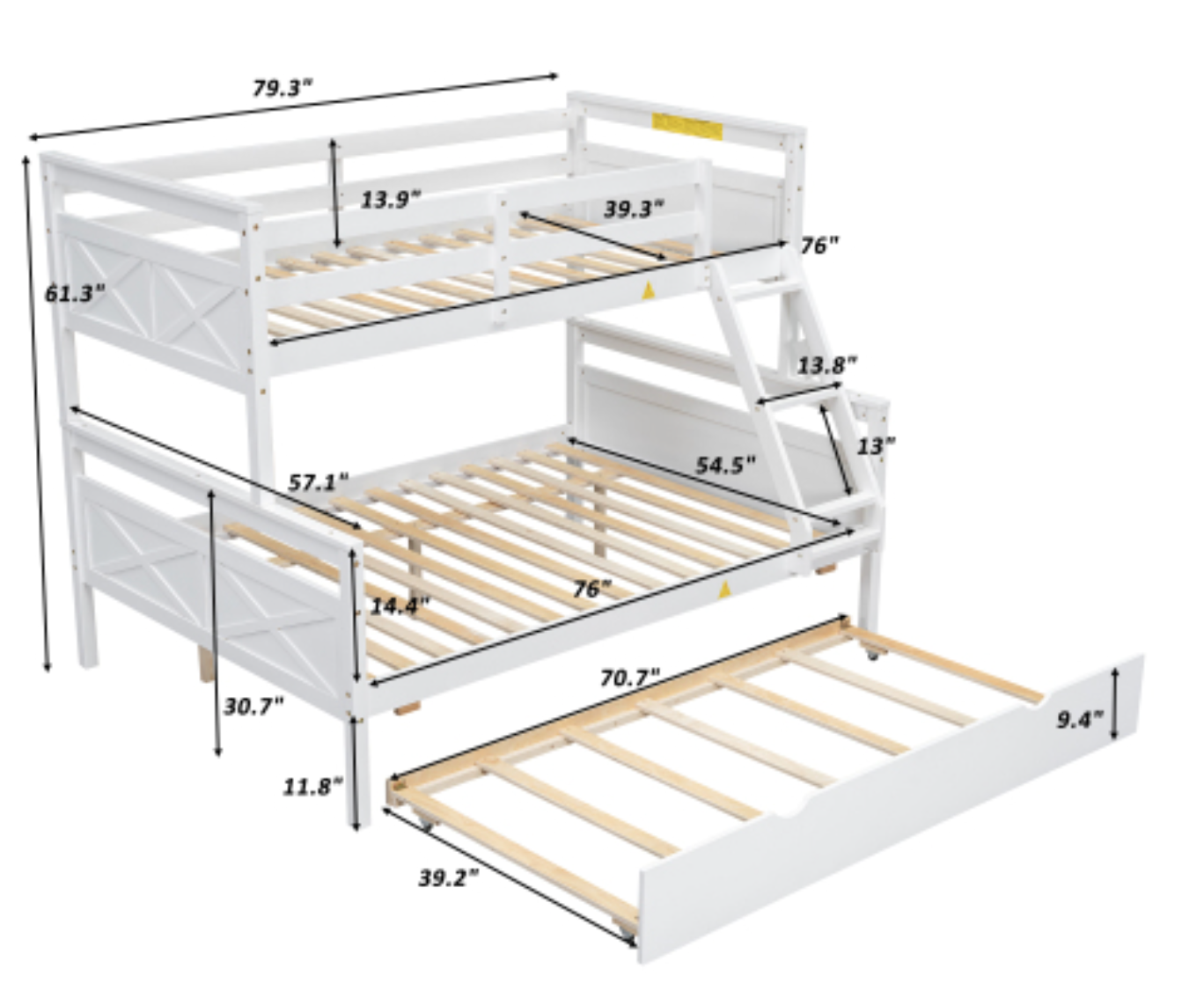 The "Space Saver" Twin Over Full Bunk Bed with Trundle White Measurements View