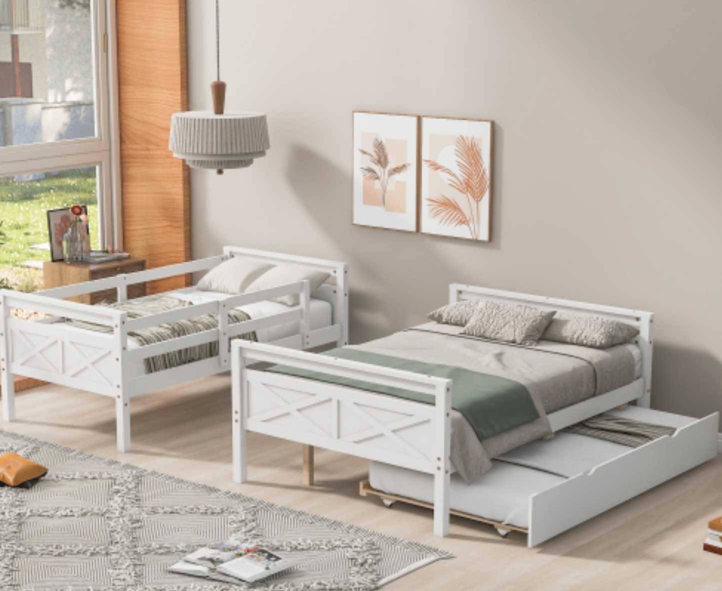 The "Space Saver" Twin Over Full Bunk Bed with Trundle White Side by Side View