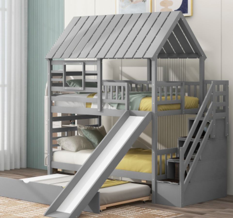 Twin over Twin House Bunk Bed with Trundle and Slide, Storage Staircase, Roof and Window Design, Gray