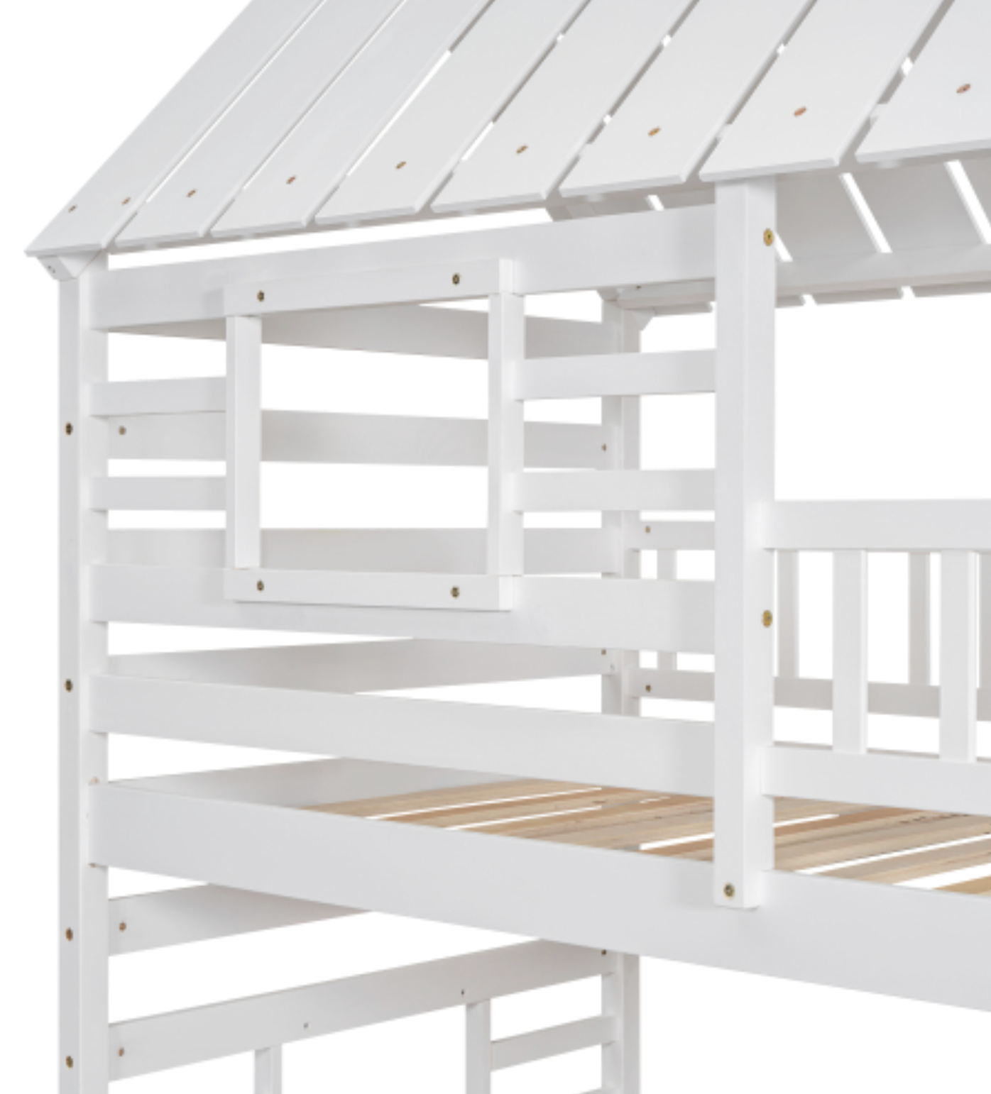 Twin over Twin House Bunk Bed with Trundle and Slide, Storage Staircase, Roof and Window Design, White ,Construction