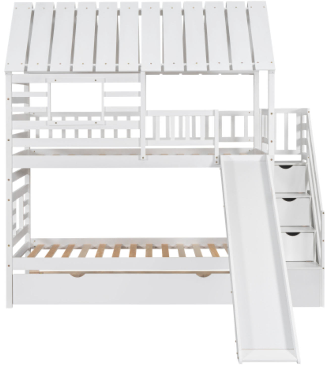 Twin over Twin House Bunk Bed with Trundle and Slide, Storage Staircase, Roof and Window Design, White ,Construction2