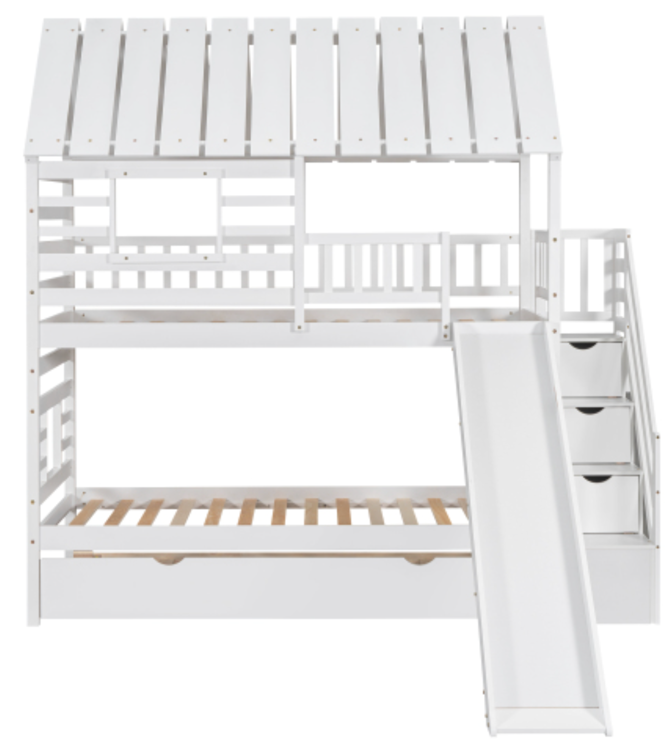 Twin over Twin House Bunk Bed with Trundle and Slide, Storage Staircase, Roof and Window Design, White ,Construction3