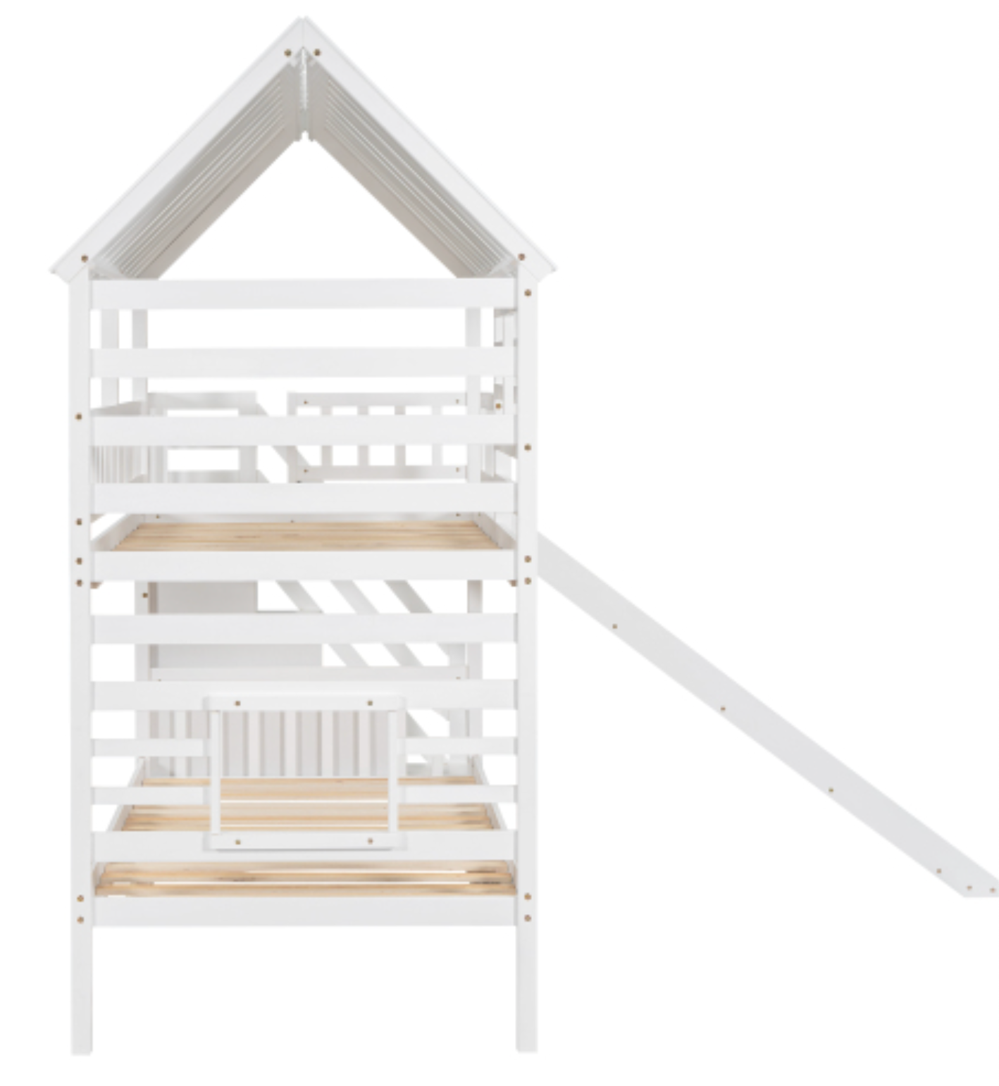 Twin over Twin House Bunk Bed with Trundle and Slide, Storage Staircase, Roof and Window Design, White ,End View