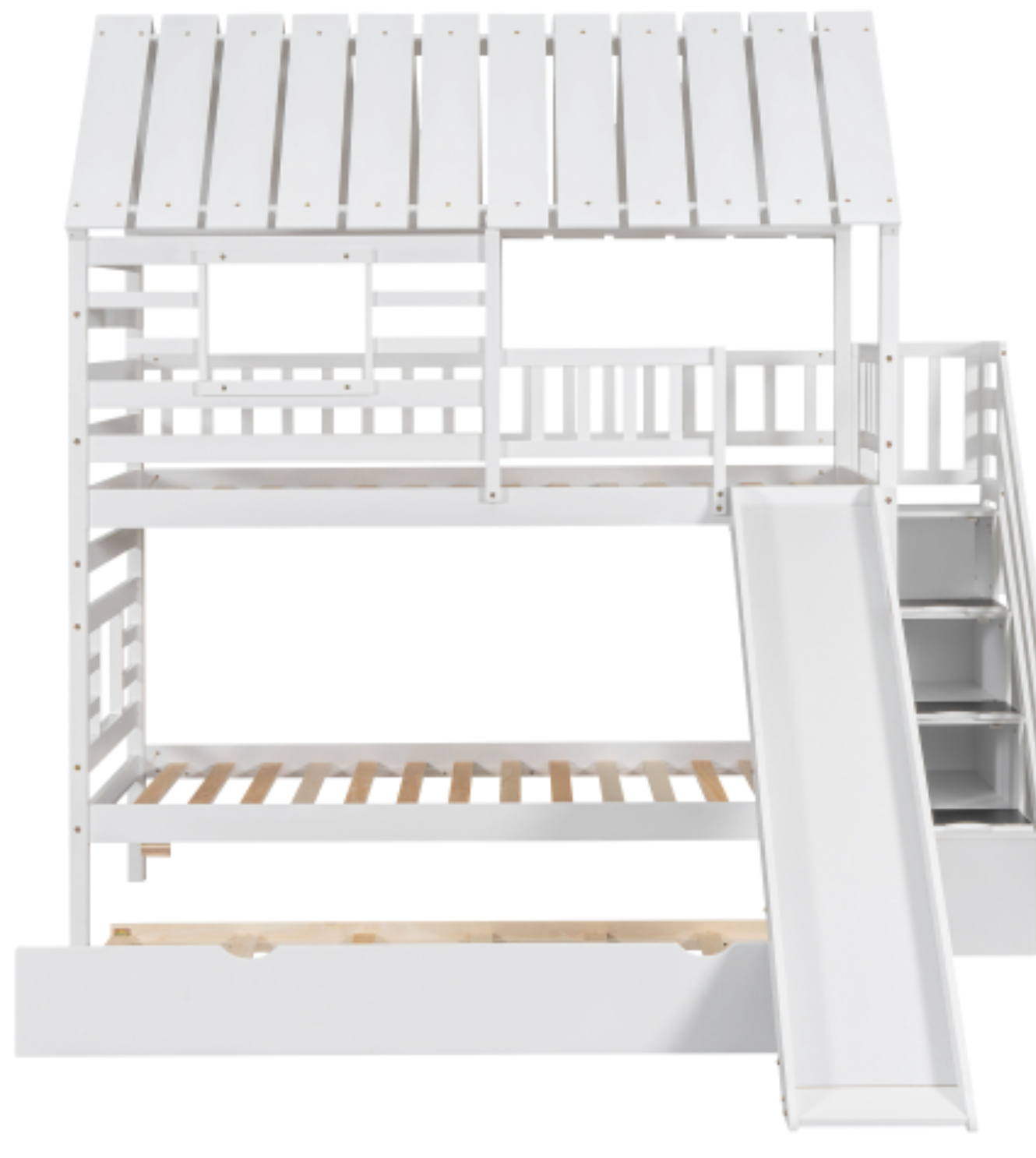 Twin over Twin House Bunk Bed with Trundle and Slide, Storage Staircase, Roof and Window Design, White ,Front Slide View