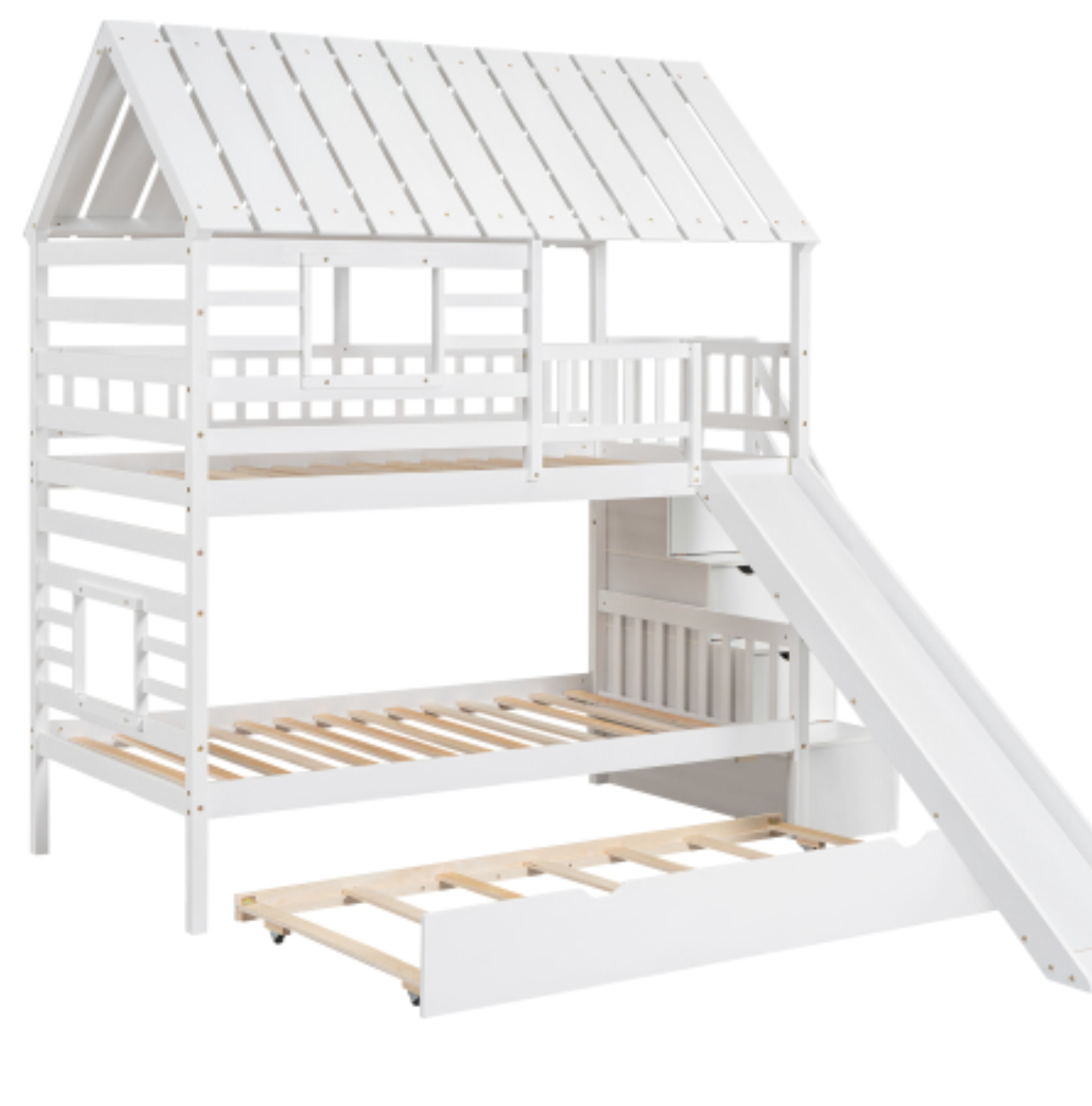 Twin over Twin House Bunk Bed with Trundle and Slide, Storage Staircase, Roof and Window Design, White Full View