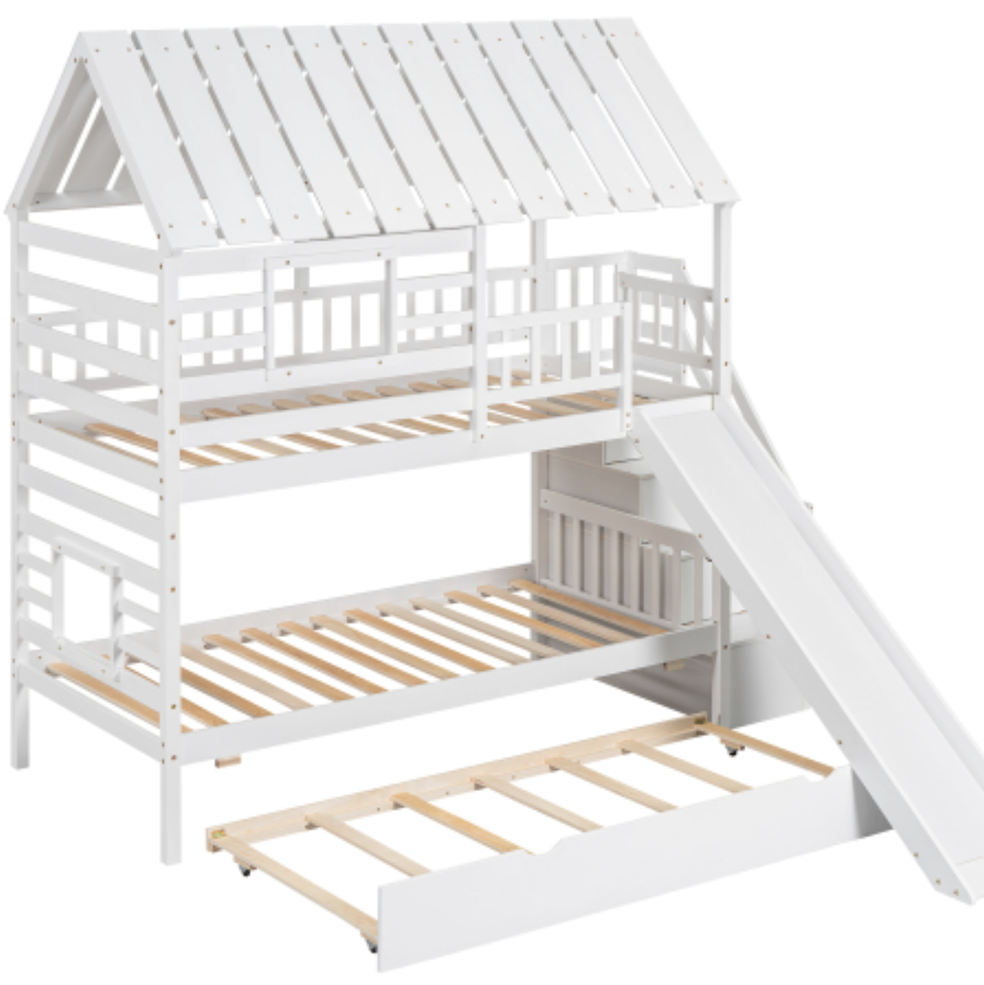 Twin over Twin House Bunk Bed with Trundle and Slide, Storage Staircase, Roof and Window Design, White Full View2