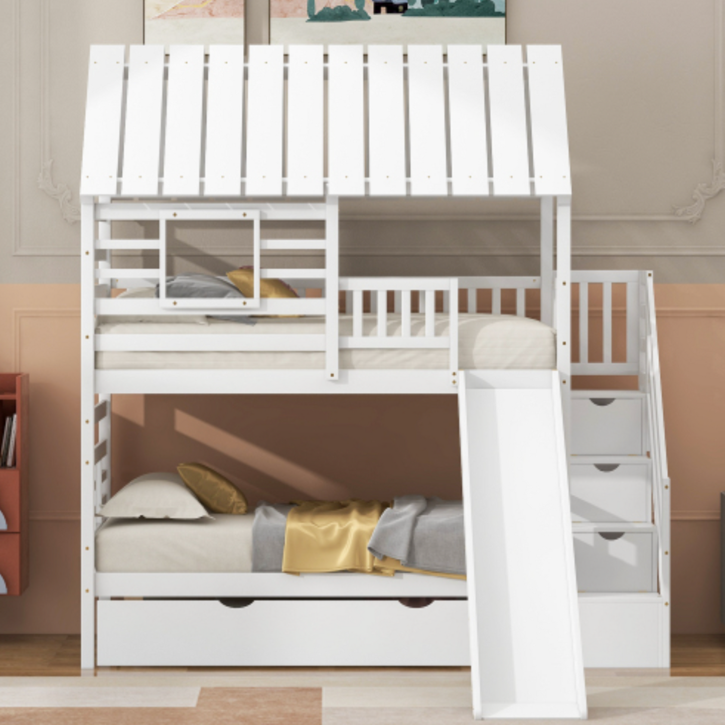 Twin over Twin House Bunk Bed with Trundle and Slide, Storage Staircase, Roof and Window Design, White , Right Slide