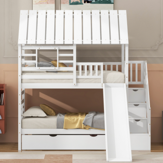 Twin over Twin House Bunk Bed with Trundle and Slide, Storage Staircase, Roof and Window Design, White , Right Slide
