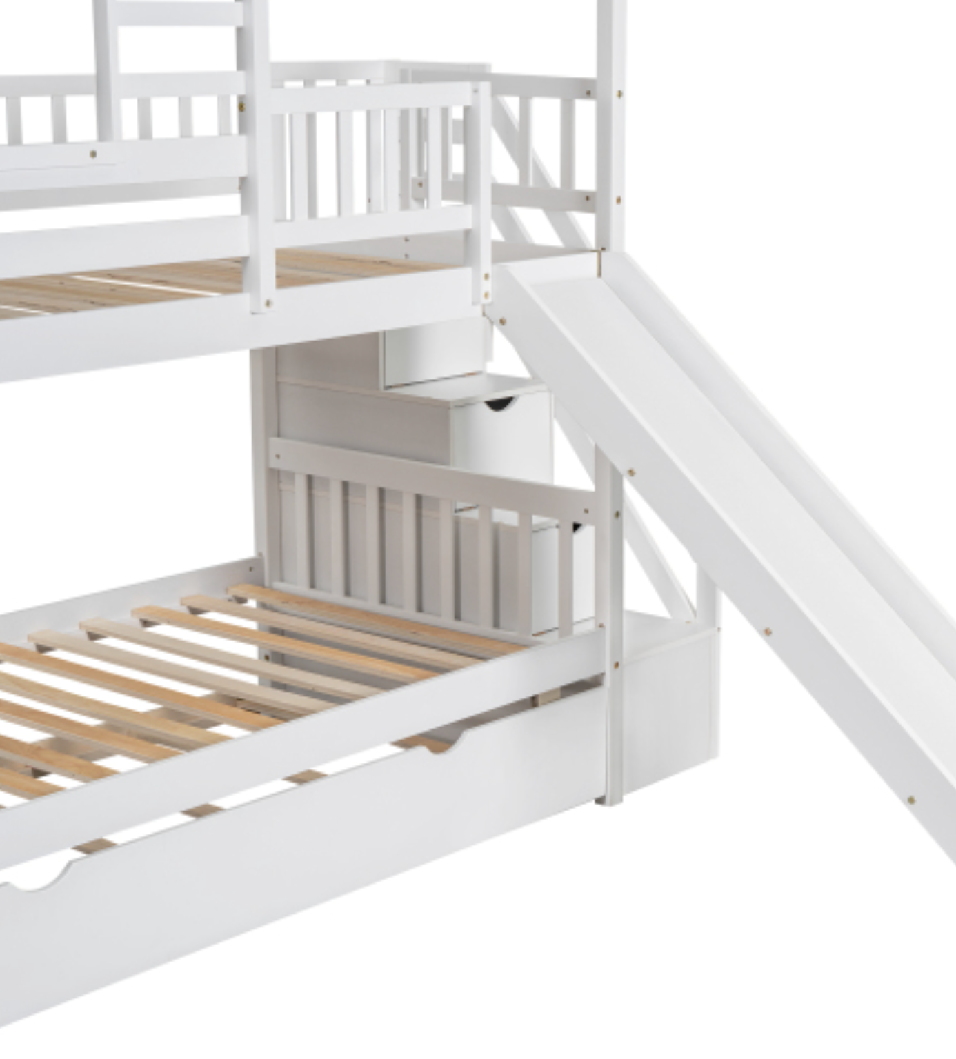 Twin over Twin House Bunk Bed with Trundle and Slide, Storage Staircase, Roof and Window Design, White, Slide View