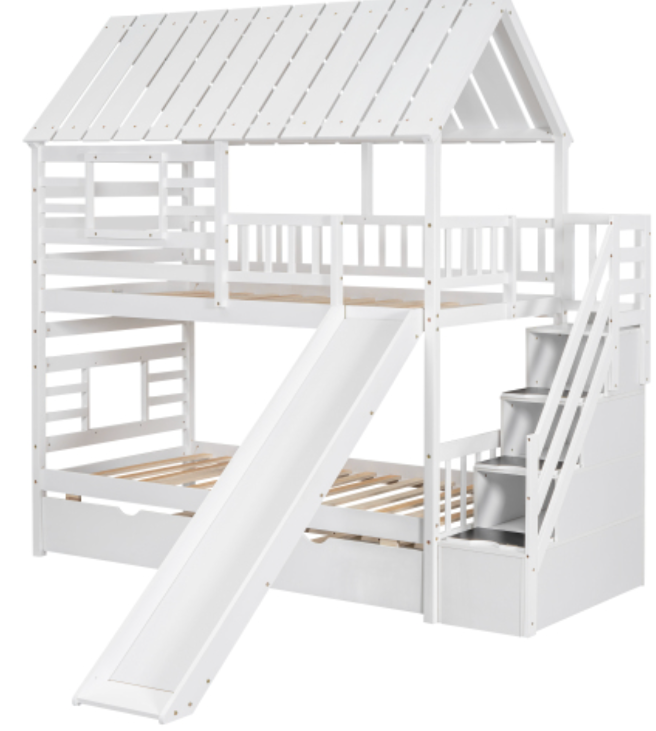 Twin over Twin House Bunk Bed with Trundle and Slide, Storage Staircase, Roof and Window Design, White , Step Slide View