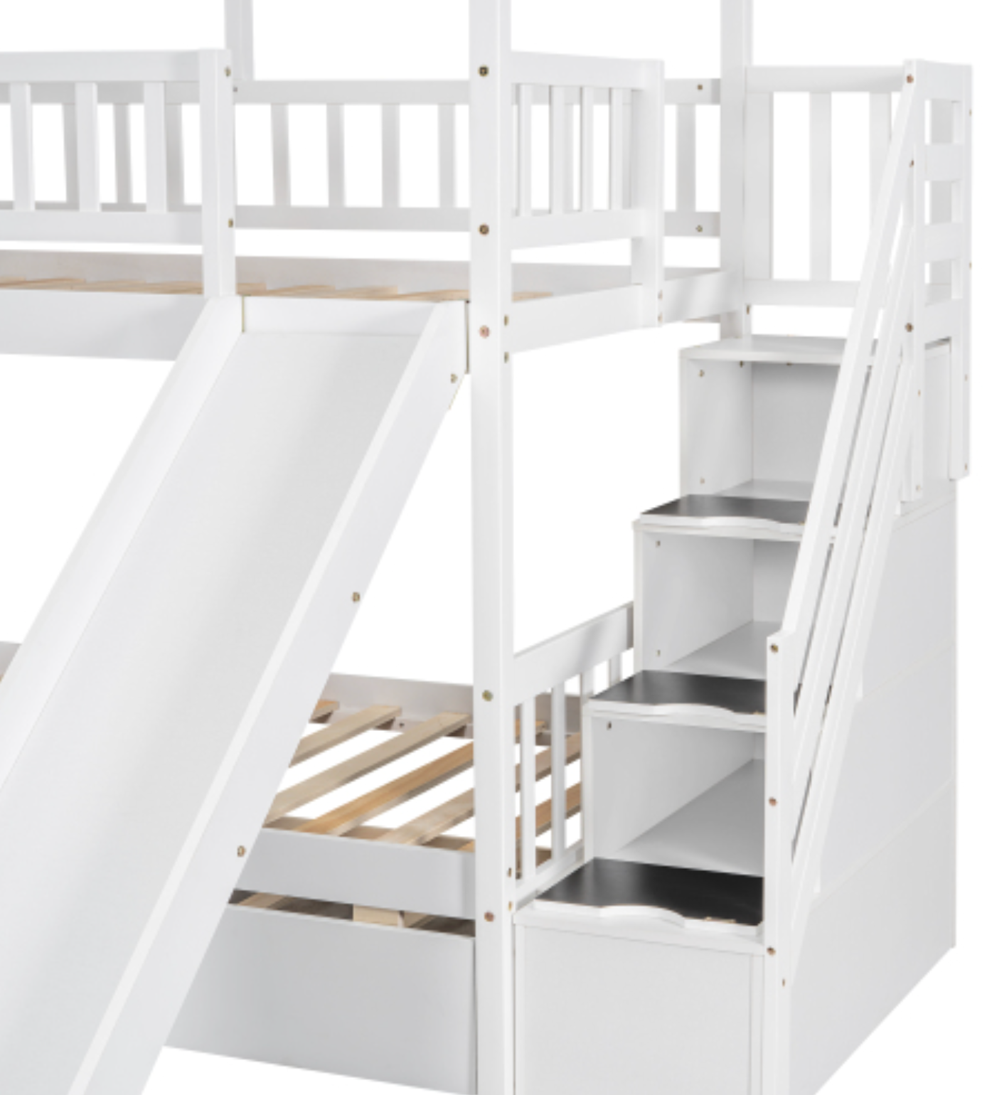 Twin over Twin House Bunk Bed with Trundle and Slide, Storage Staircase, Roof and Window Design, White , Step View