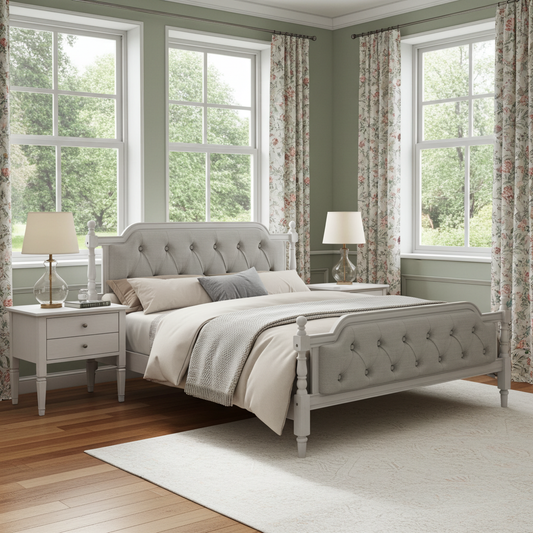 Neatly made bed in a bedroom with large windows and floral curtains.