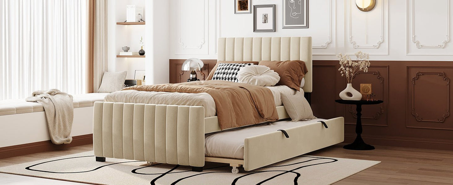Beige Velvet Twin Platform Bed with Trundle - Bunk and Bed Co.