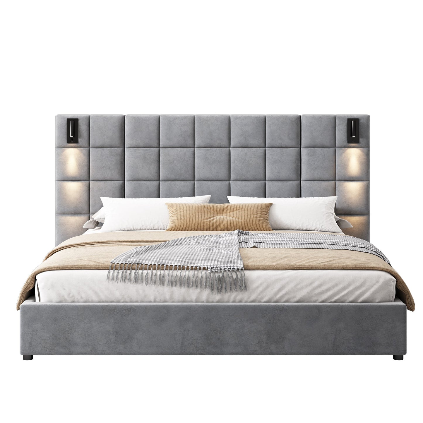 Gray Velvet King Bed with Wall Sconce and USB Port - Bunk and Bed Co.